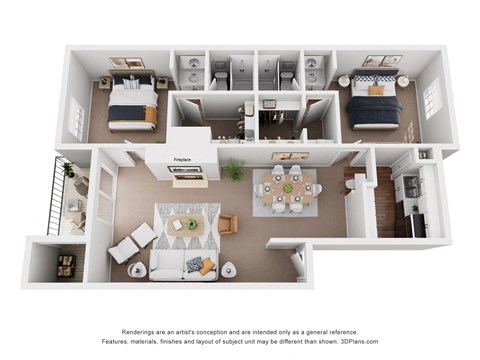 Floor plan for 2 beds, 2 baths, 976 sqft